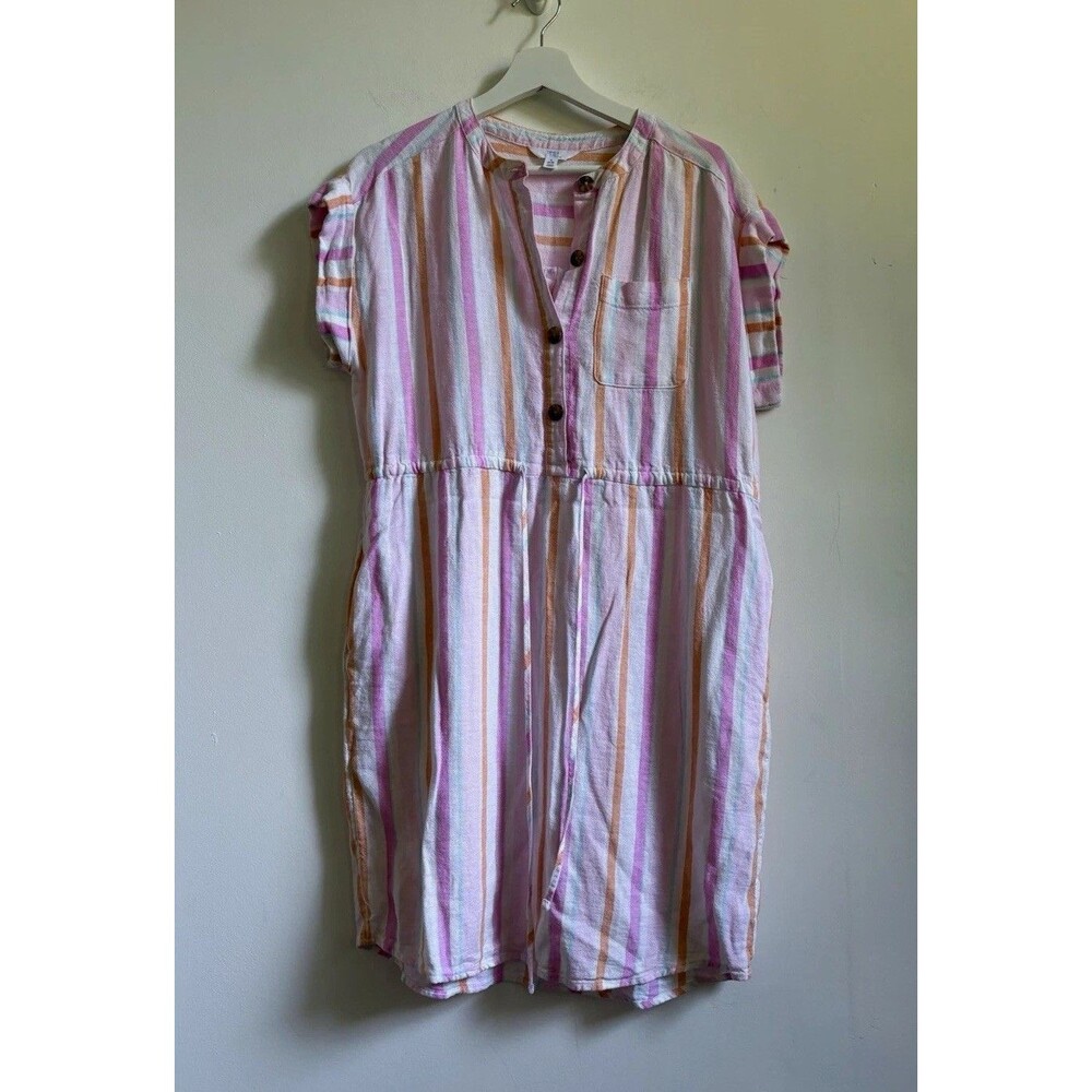 Time and Tru Shirt Dress S Striped Cap Sleeve Drawstring Linen blend boho coasta